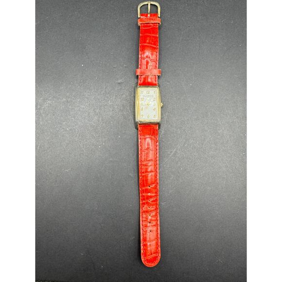Clarins Paris Rectangular Gold Tone w/ White Dial Watch Red Leather Band Working - Picture 4 of 13